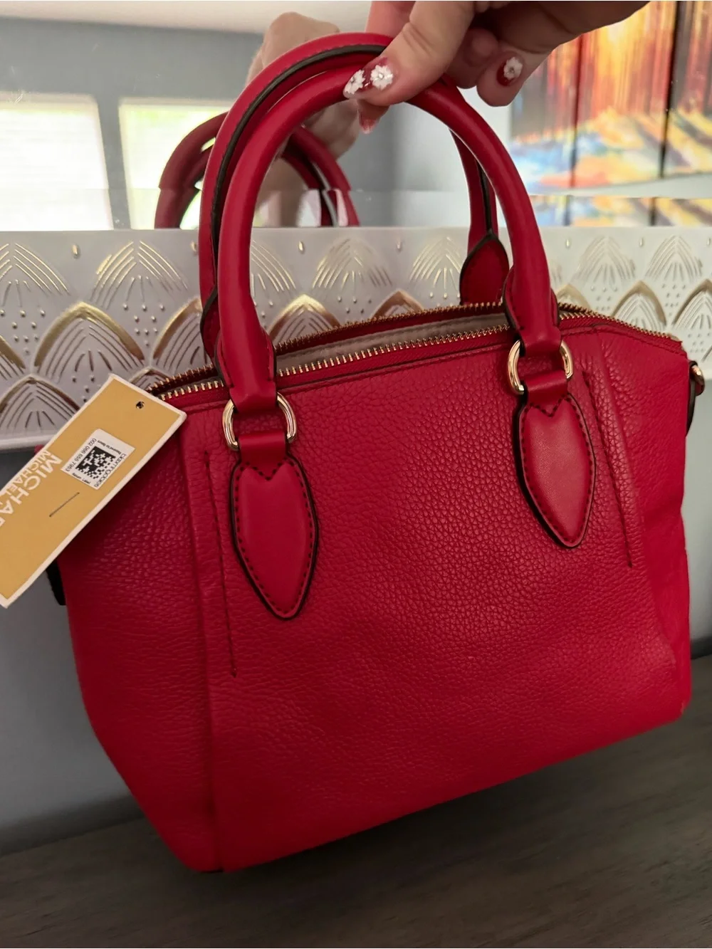 Michael Kors Red Pebbled Leather Dome Satchel with Gold Hardware